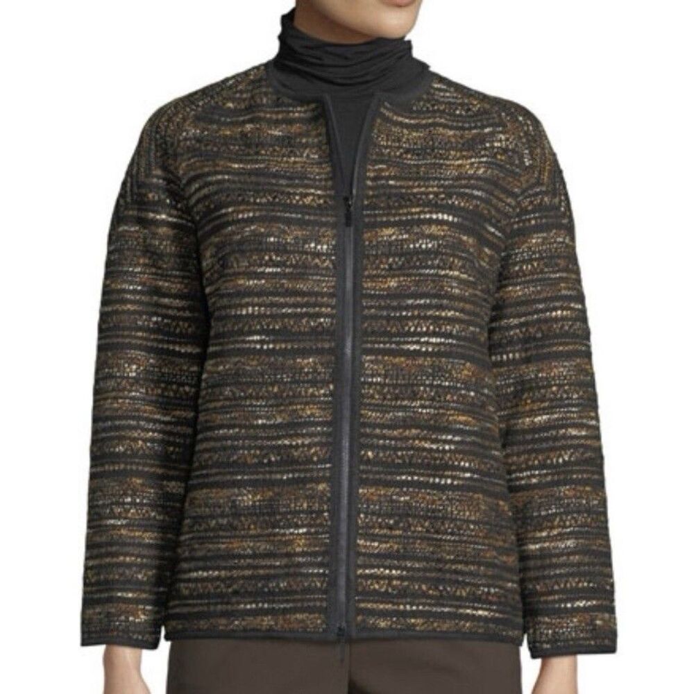 Lafayette 148 NY Alexa Tweed Jacket Zip Front Black Gold M